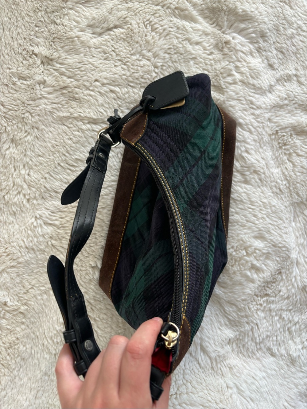VTG Dooney & Bourke Wool Green and Blue Tartan Plaid Hobo Shoulder Bag - Picture 9 of 12